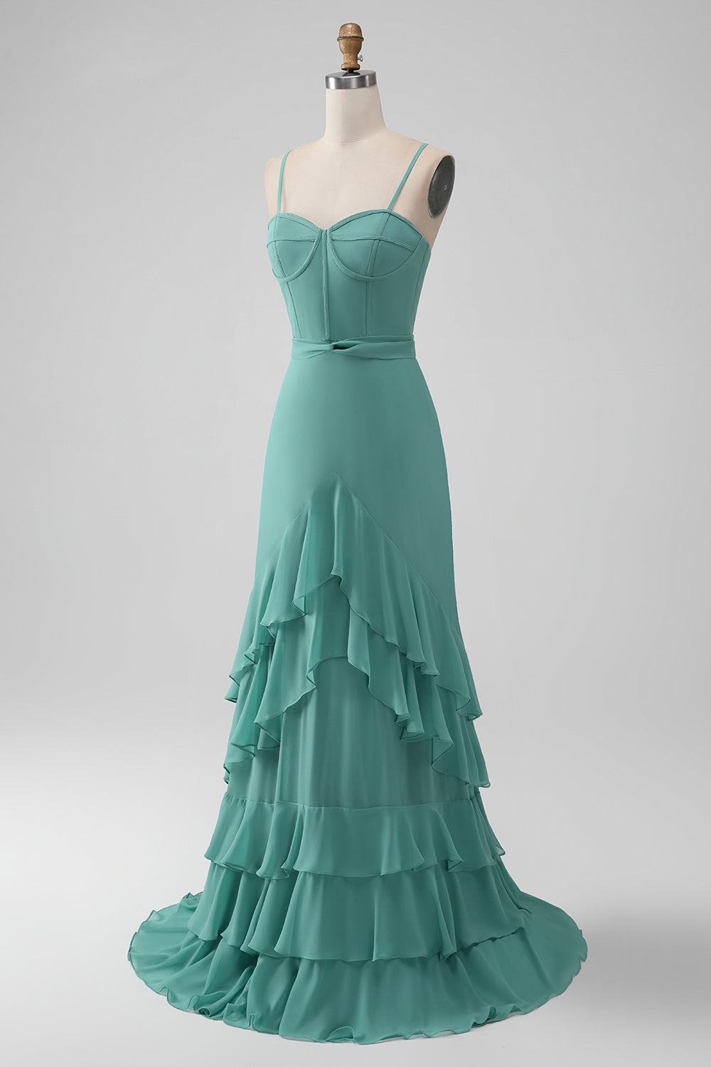 Grey Green Spaghetti Straps A Line Bridesmaid Dress with Ruffles