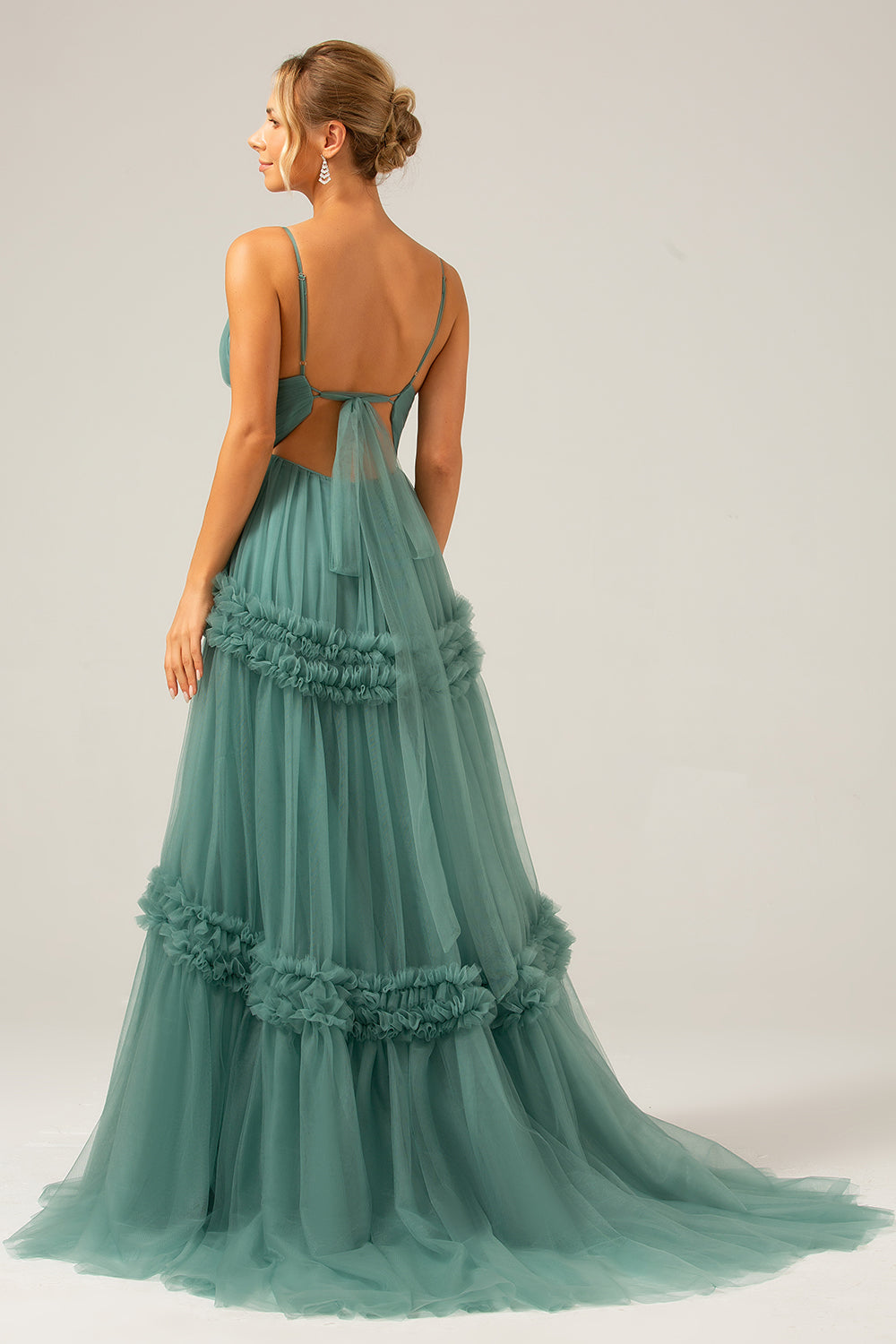 Green Tulle A Line Spaghetti Straps Long Bridesmaid Dress with Ruffles