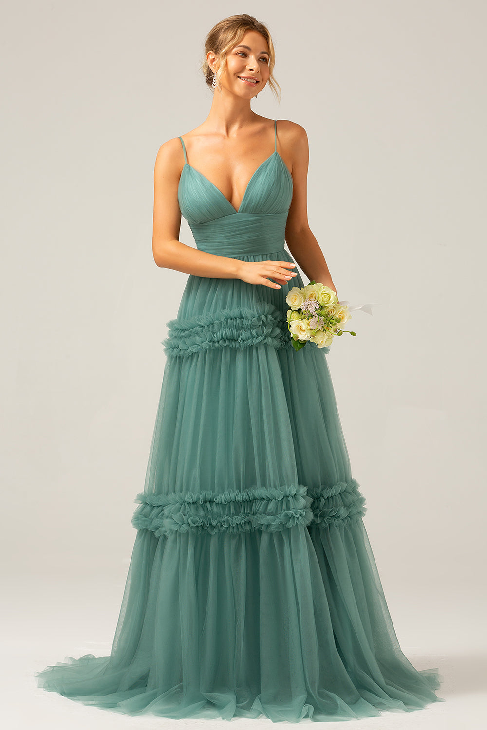 Green Tulle A Line Spaghetti Straps Long Bridesmaid Dress with Ruffles