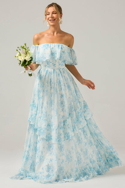 White Blue Floral Off The Shoulder Boho Long Bridesmaid Dress with Ruffles