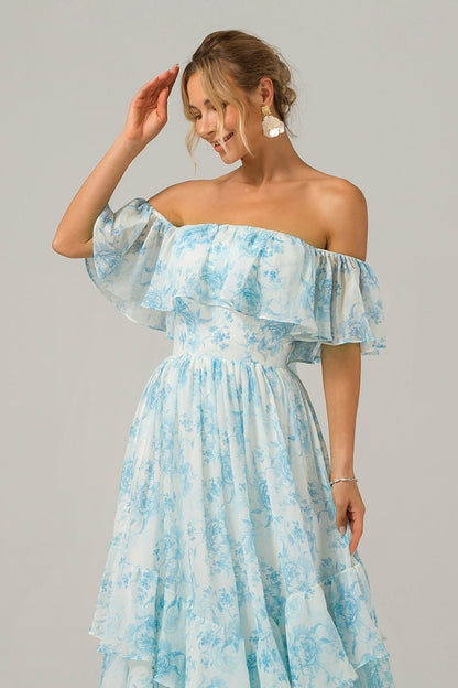 White Blue Floral Off The Shoulder Boho Long Bridesmaid Dress with Ruffles