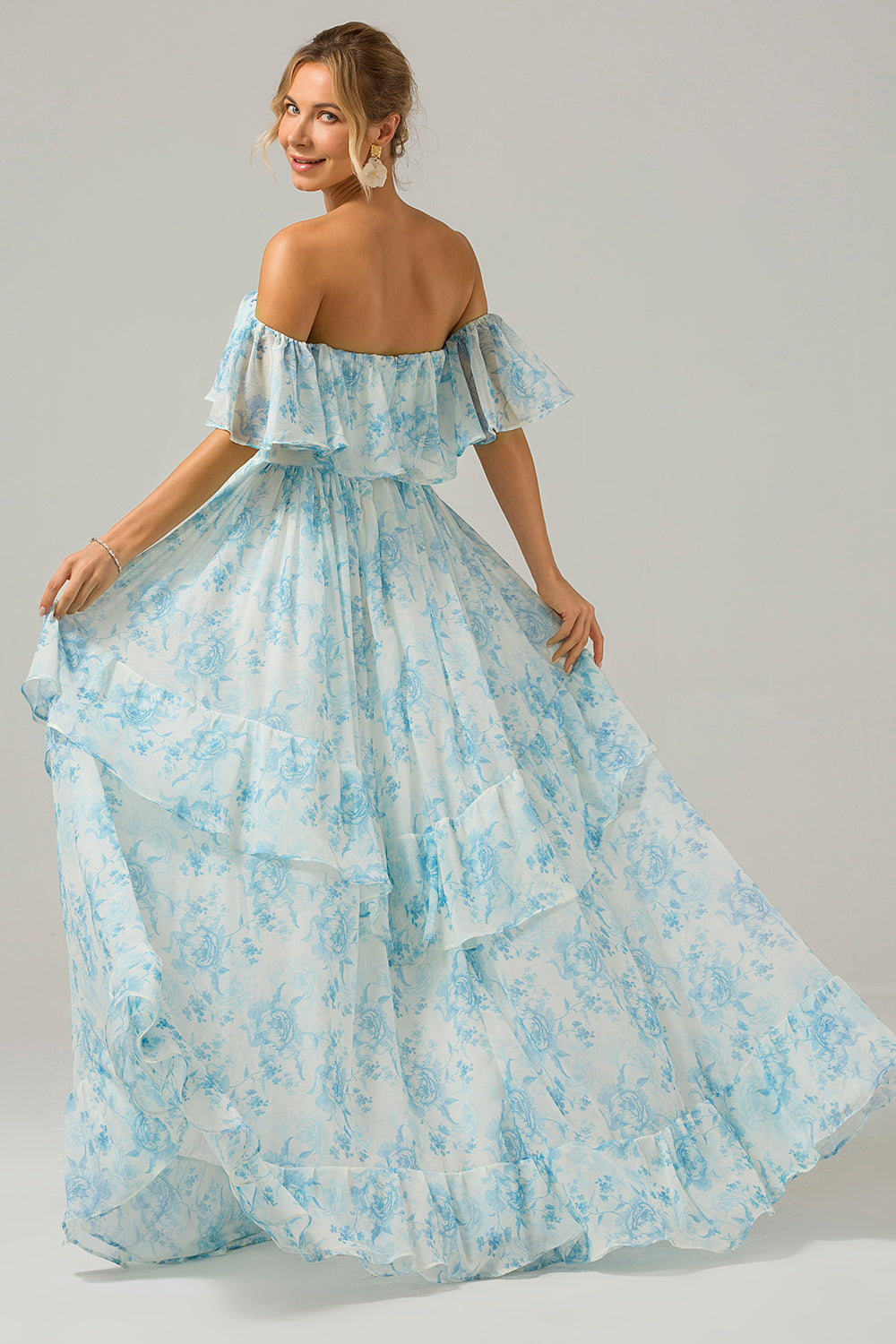 White Blue Floral Off The Shoulder Boho Long Bridesmaid Dress with Ruffles