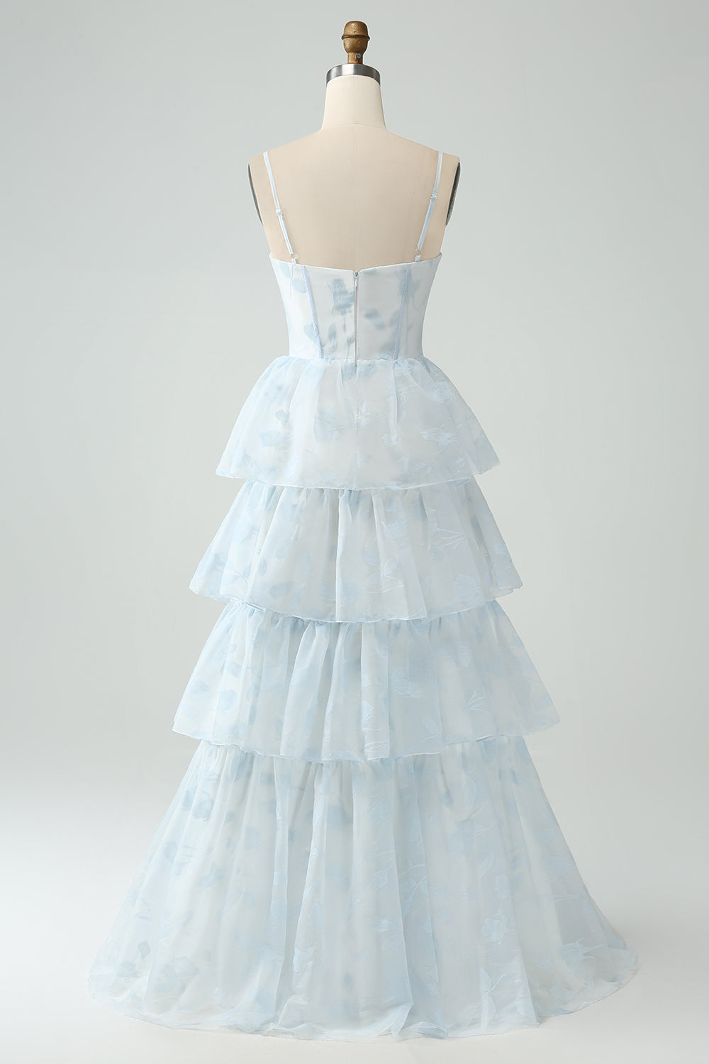 Light Blue A Line Tiered Corset Ruffled Bridesmaid Dress With Slit