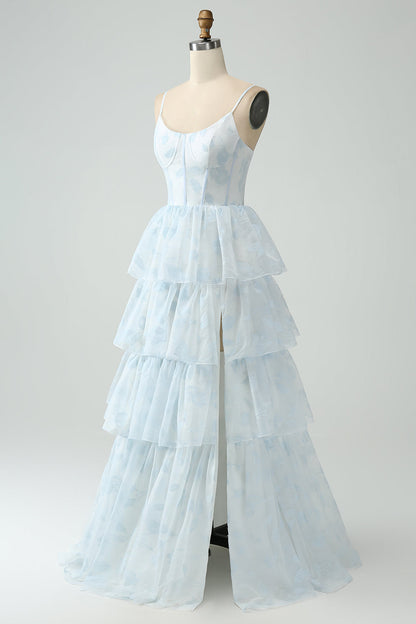 Light Blue A Line Tiered Corset Ruffled Bridesmaid Dress With Slit