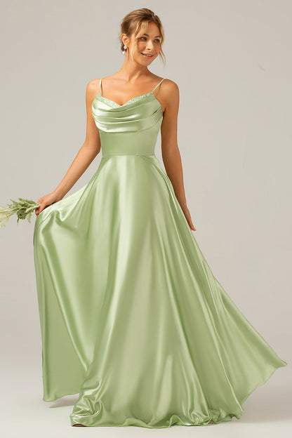 Dusty Sage A Line Cowl Neck Satin Long Bridesmaid Dress with Pleated