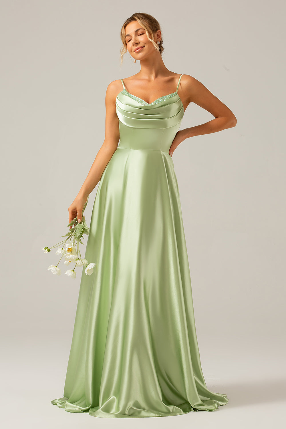 Dusty Sage A Line Cowl Neck Satin Long Bridesmaid Dress with Pleated