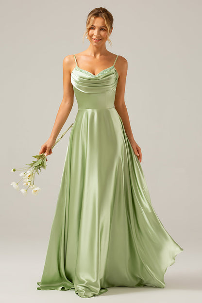 Dusty Sage A Line Cowl Neck Satin Long Bridesmaid Dress with Pleated