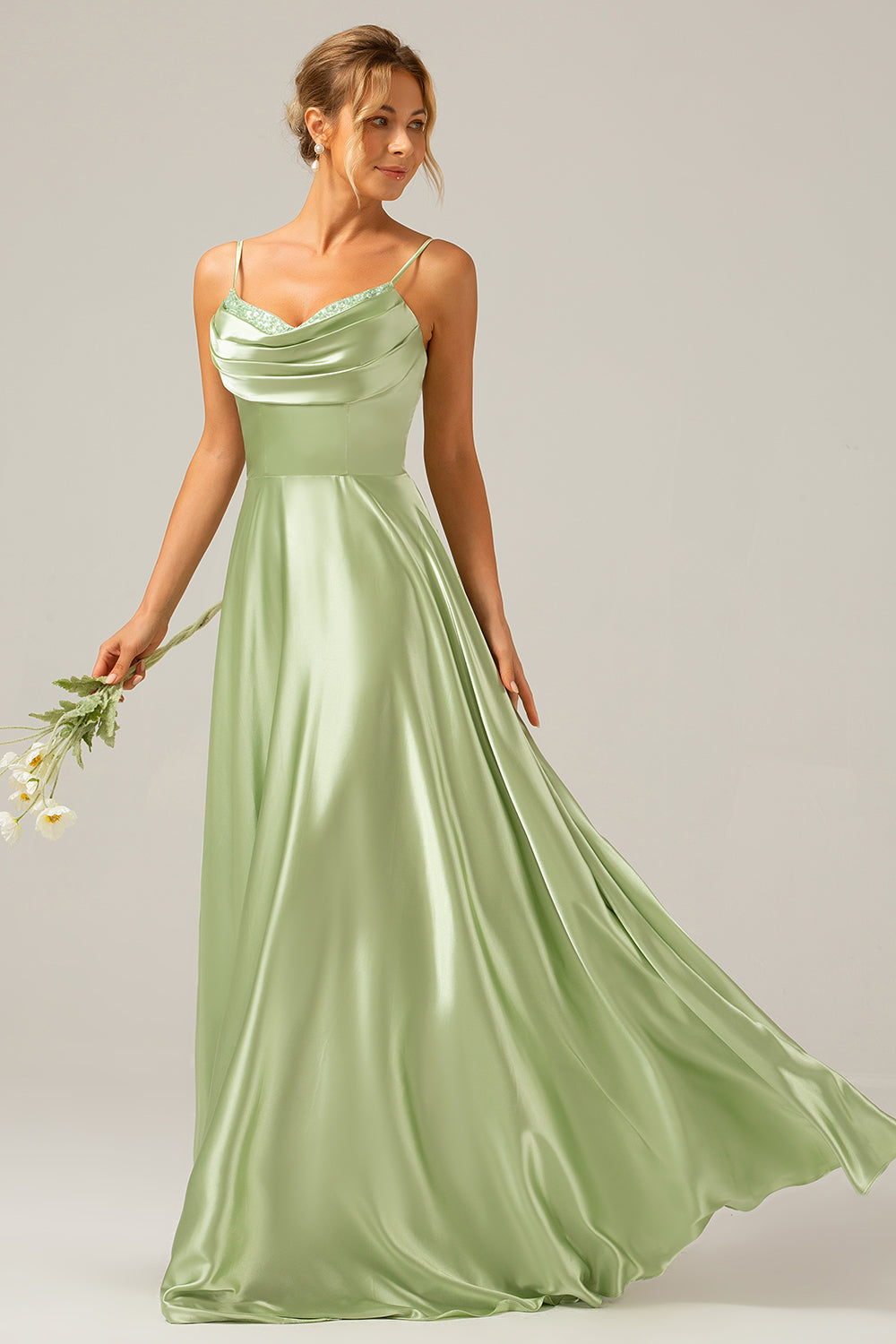 Dusty Sage A Line Cowl Neck Satin Long Bridesmaid Dress with Pleated