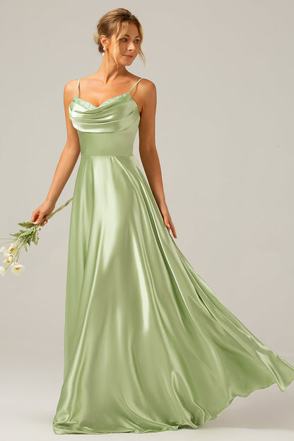 Dusty Sage A Line Cowl Neck Satin Long Bridesmaid Dress with Pleated