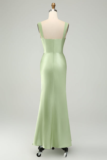 Green Satin Mermaid Long Bridesmaid Dress with Eyelash Lace