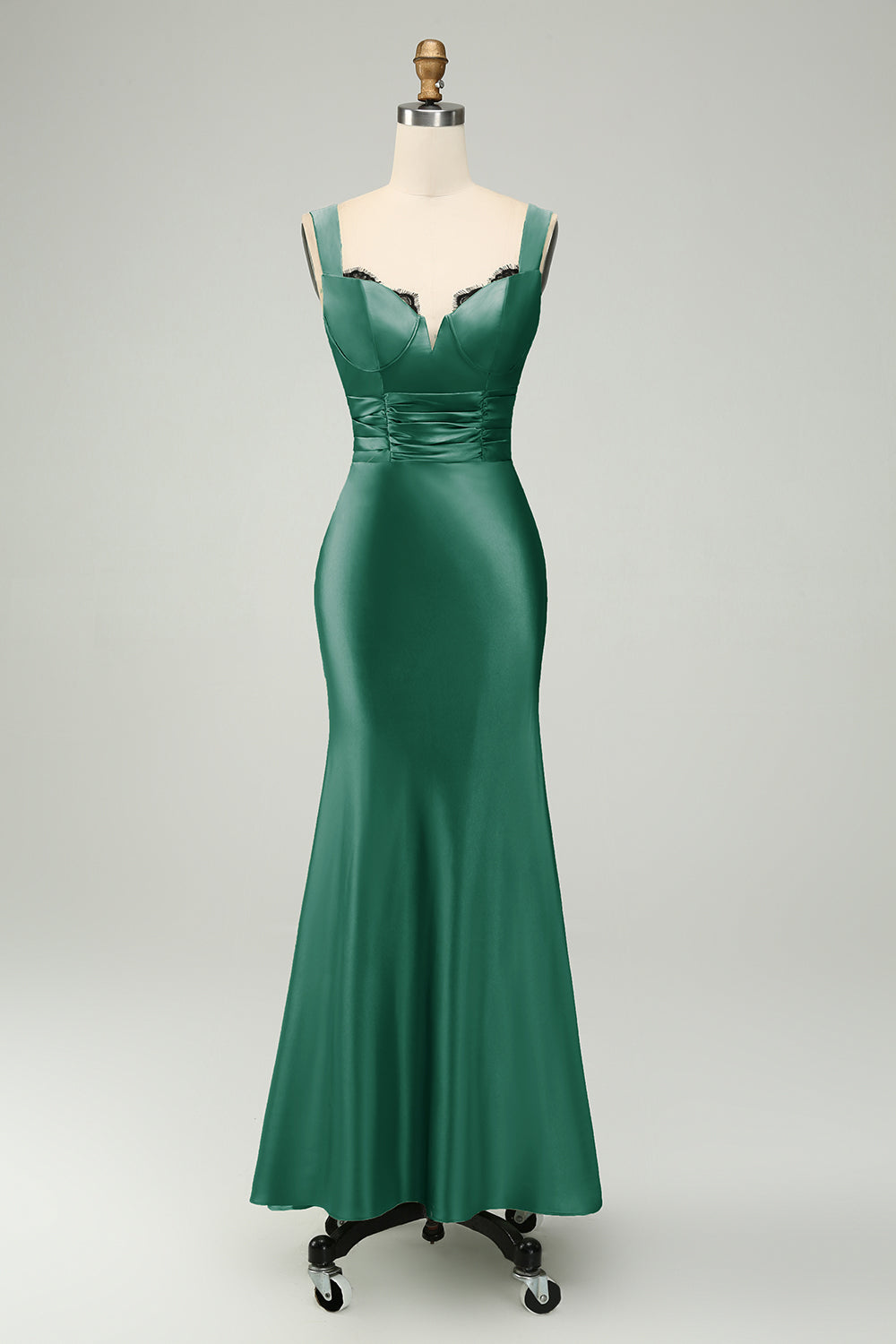 Green Satin Mermaid Long Bridesmaid Dress with Eyelash Lace