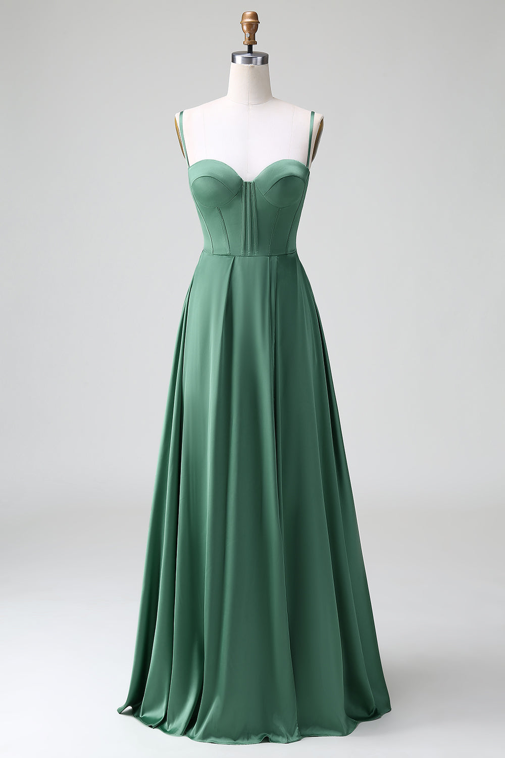 Eucalyptus A Line Spaghetti Straps Corset Pleated Satin Bridesmaid Dress