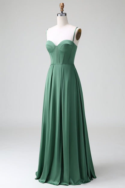 Eucalyptus A Line Spaghetti Straps Corset Pleated Satin Bridesmaid Dress