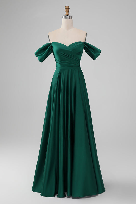 Dark Green Off the Shouder A Line Satin Long Bridesmaid Dress