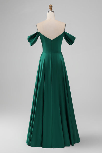 Dark Green Off the Shouder A Line Satin Long Bridesmaid Dress