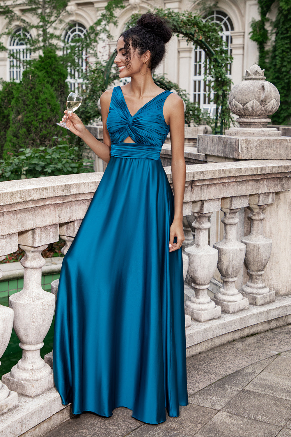 Ink Blue A Line V Neck Keyhole Pleated Long Bridesmaid Dress