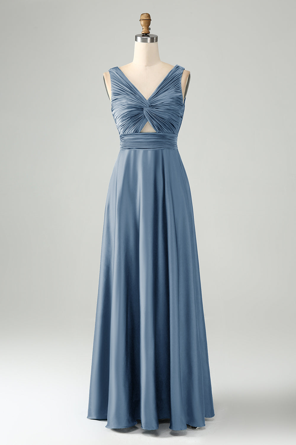 Ink Blue A Line V Neck Keyhole Long Bridesmaid Dress