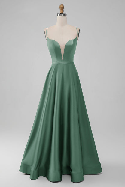 Green Satin V Neck A-line Long Bridesmaid Dress