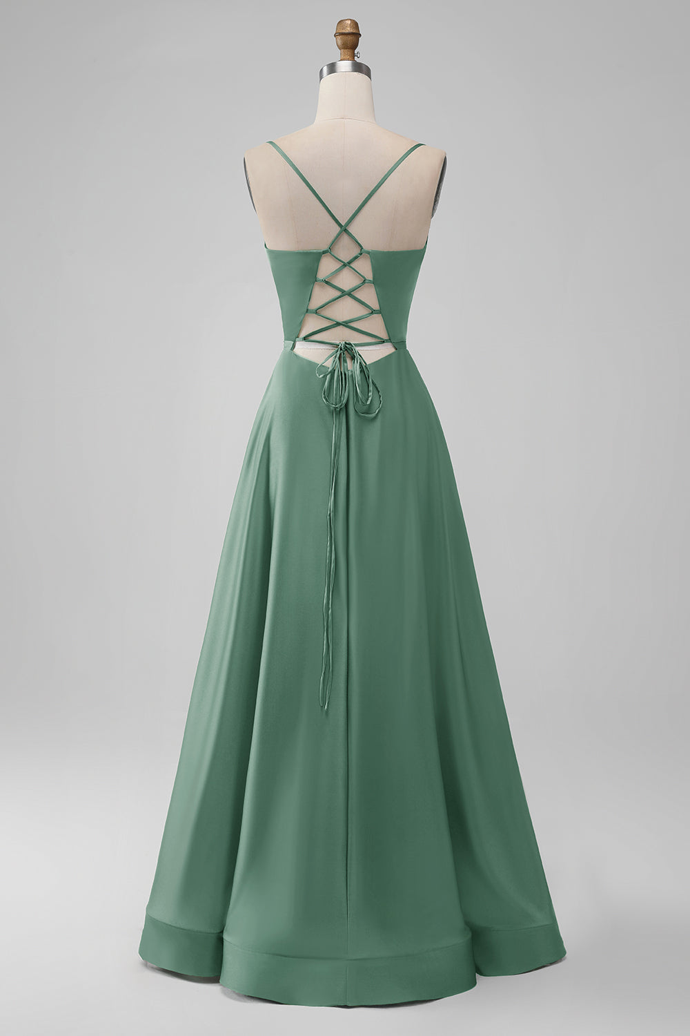 Green Satin V Neck A-line Long Bridesmaid Dress