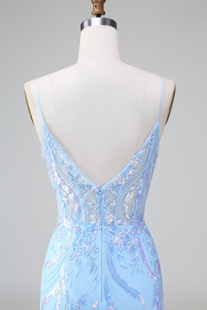 Sparkly Lilac Blue Corset Open Back Sequins Short Homecoming Dress with Embroidery