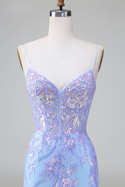 Blue Sequins Corset Open Back Short Homecoming Dress with Embroidery