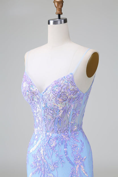 Blue Sequins Corset Open Back Short Homecoming Dress with Embroidery