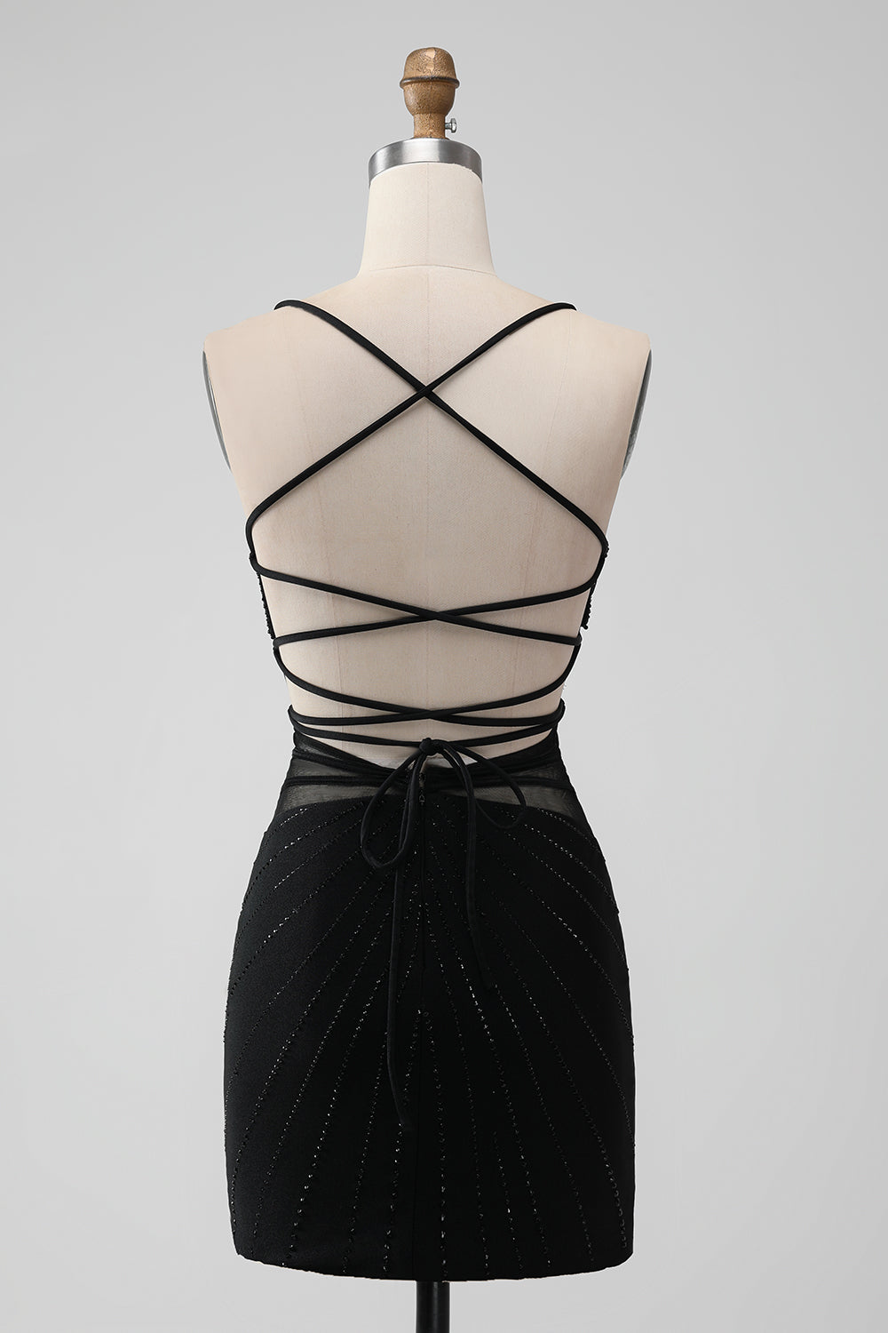 Black Bodycon Spaghetti Straps Corset Homecoming Dress with Beading