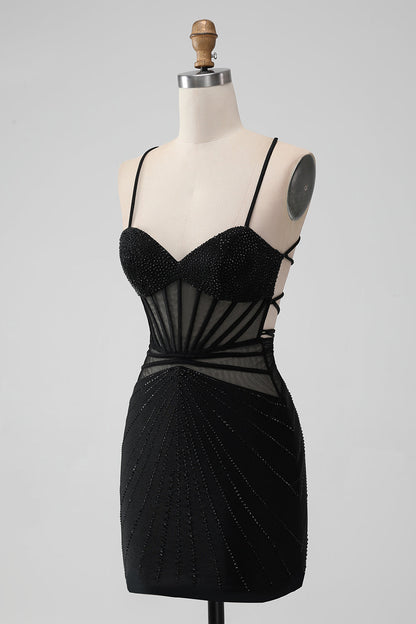 Black Tight Spaghetti Straps Corset Short Homecoming Dress with Beading