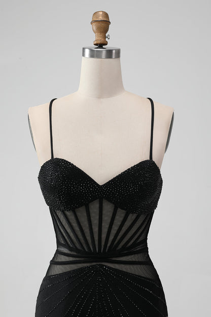 Black Tight Spaghetti Straps Corset Short Homecoming Dress with Beading