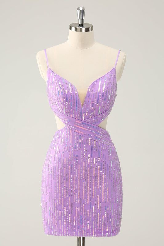 Glitter Purple Tight Sequined V Neck Short Homecoming Dress