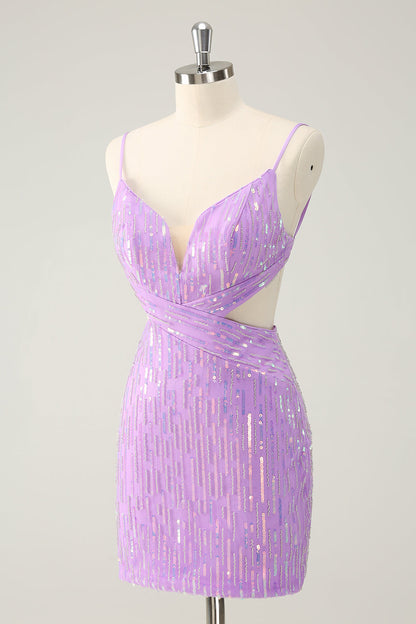 Glitter Purple Tight Sequined V Neck Short Homecoming Dress