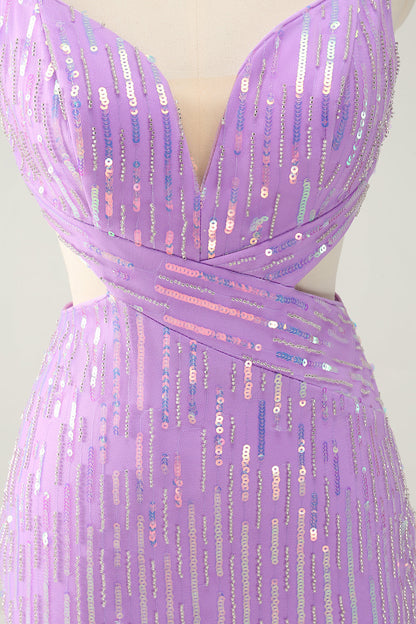 Glitter Purple Tight Sequined V Neck Short Homecoming Dress