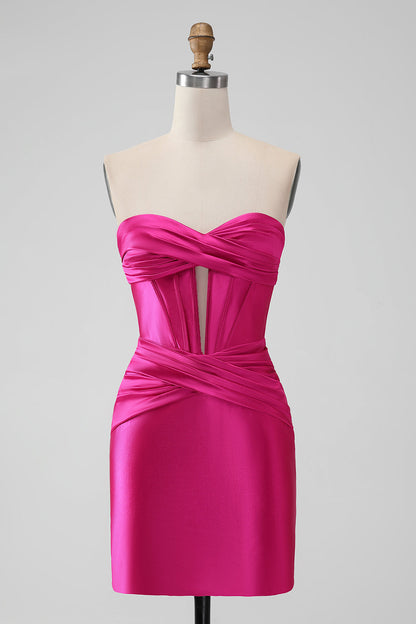 Hot Pink Bodycon Sweetheart Satin Corset Short Homecoming Dress