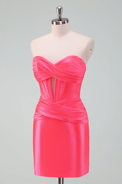 Hot Pink Bodycon Sweetheart Satin Corset Short Homecoming Dress