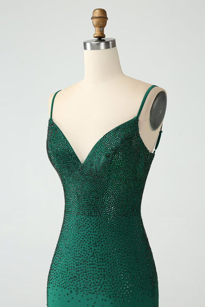 Dark Green Bodycon Spagehtti Straps Backless Homecoming Dress with Beading