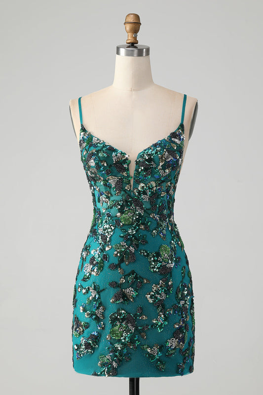 Sparkly Dark Green Beaded Sequins Bodycon Homecoming Dress with Lace-up Back