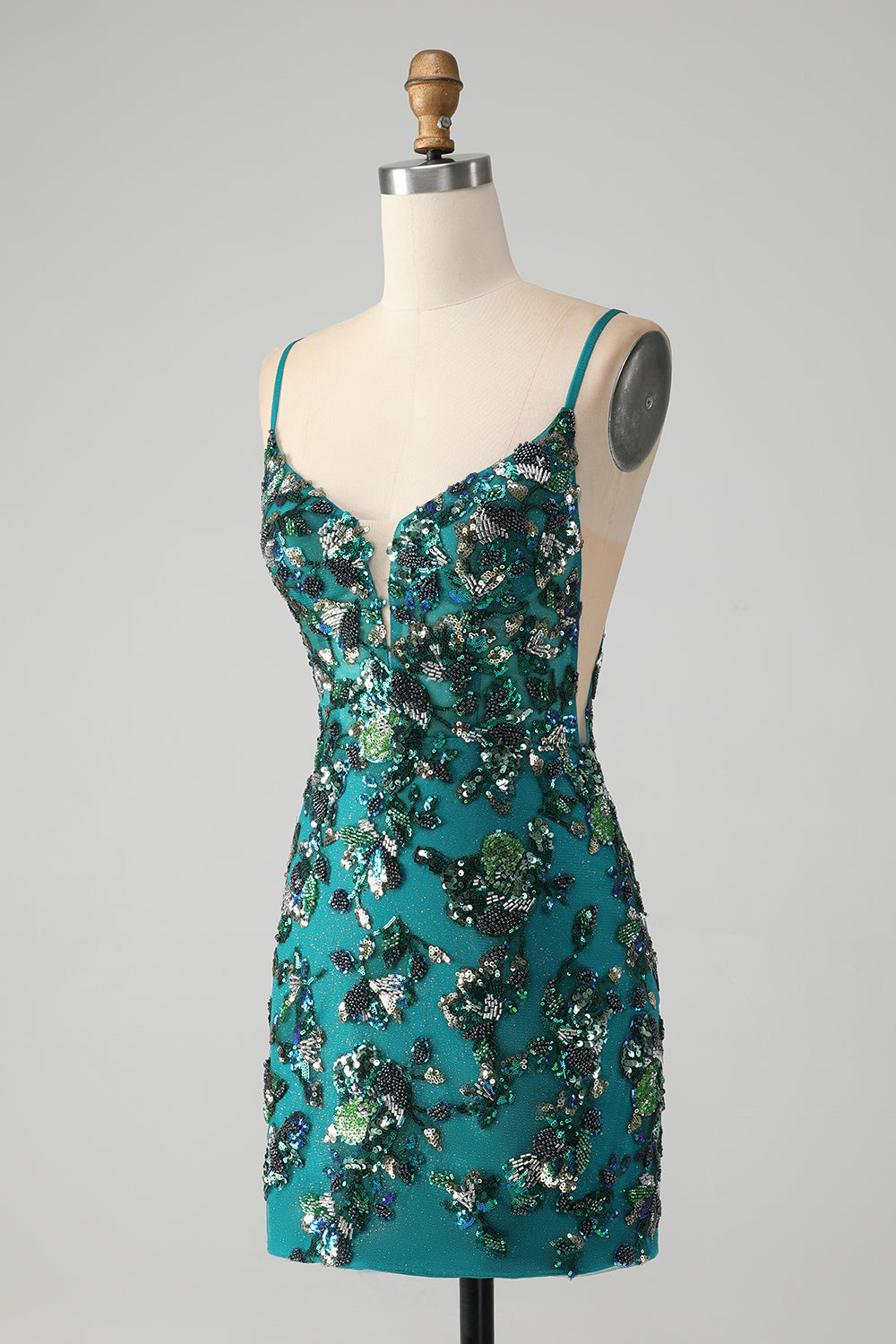 Sparkly Dark Green Beaded Sequins Bodycon Homecoming Dress with Lace-up Back