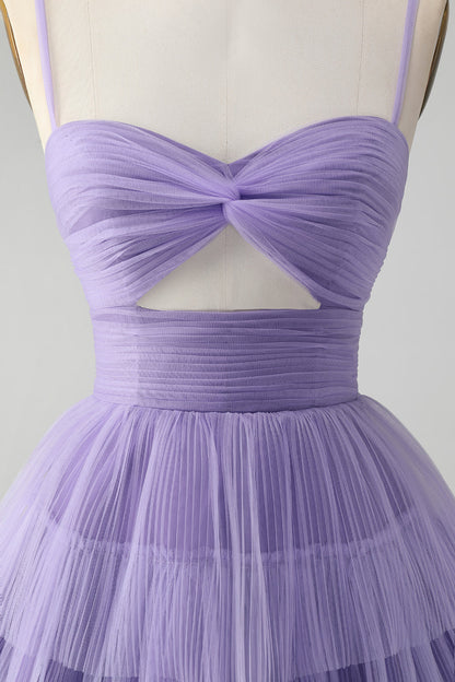 Cute Purple A Line Spaghetti Straps Tulle Tiered Short Homecoming Dress