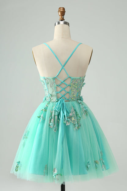 Green A Line Sequins Corset Short Tulle Homecoming Dress with Appliques