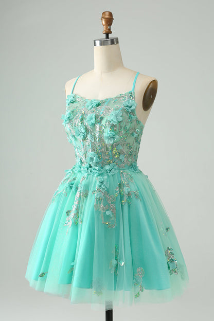 Green A Line Sequins Corset Short Tulle Homecoming Dress with Appliques