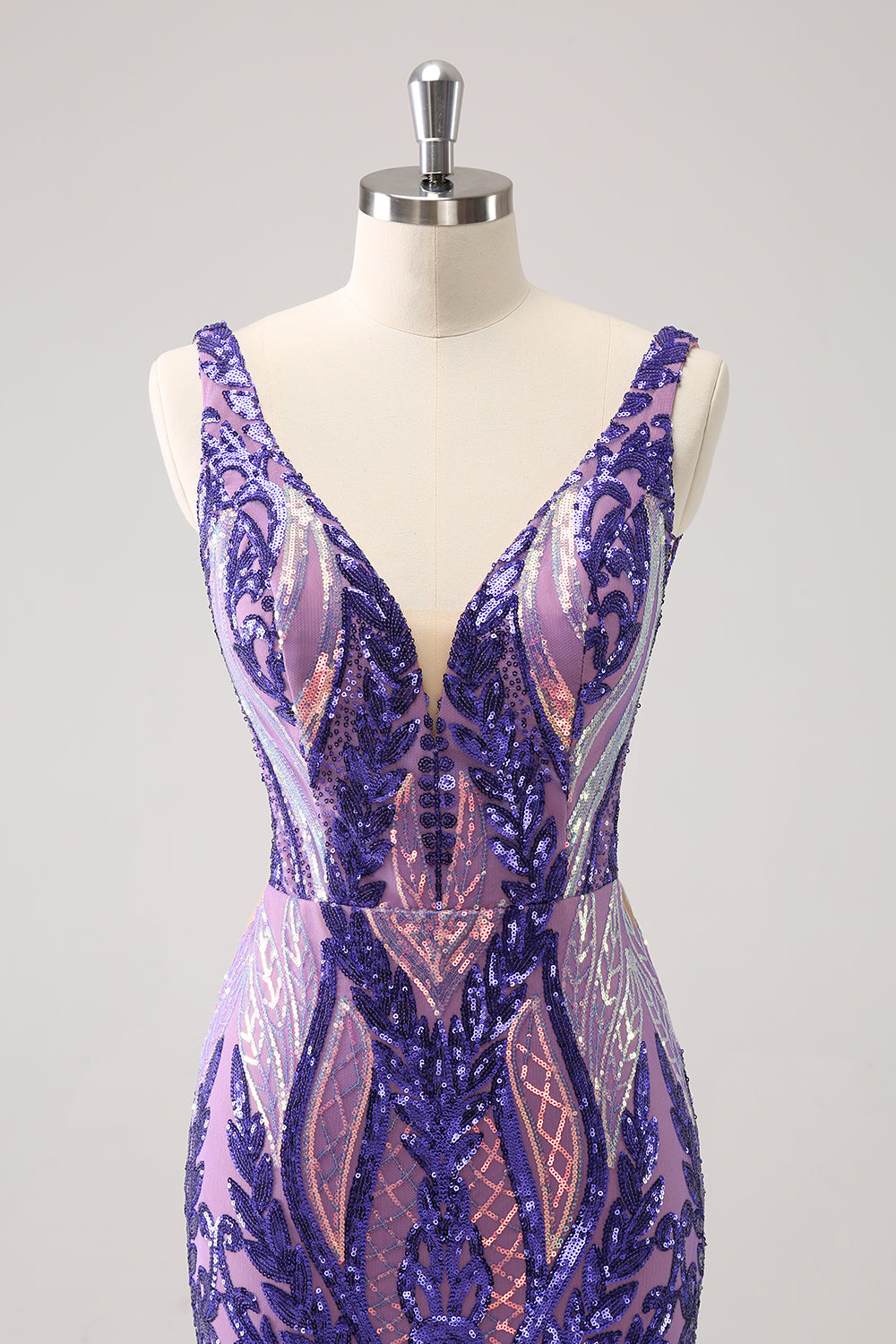 Sparkly Dark Purple Sequined Tight V Neck Homecoming Dress