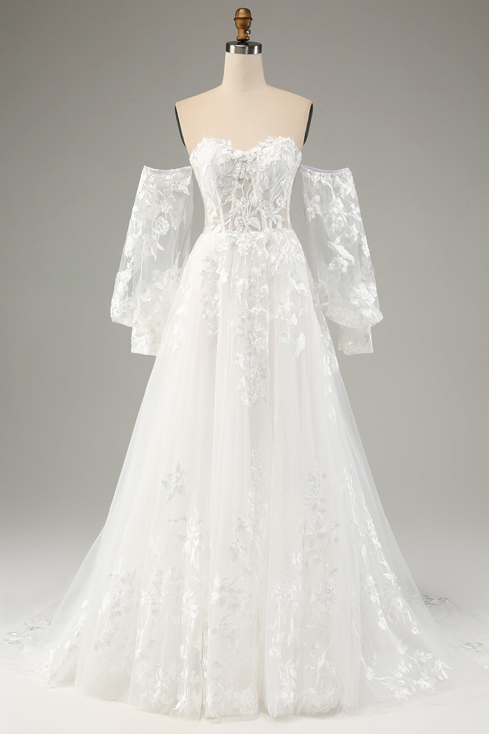 White A Line Tulle Long Sleeves Wedding Dress with Appliques Lace