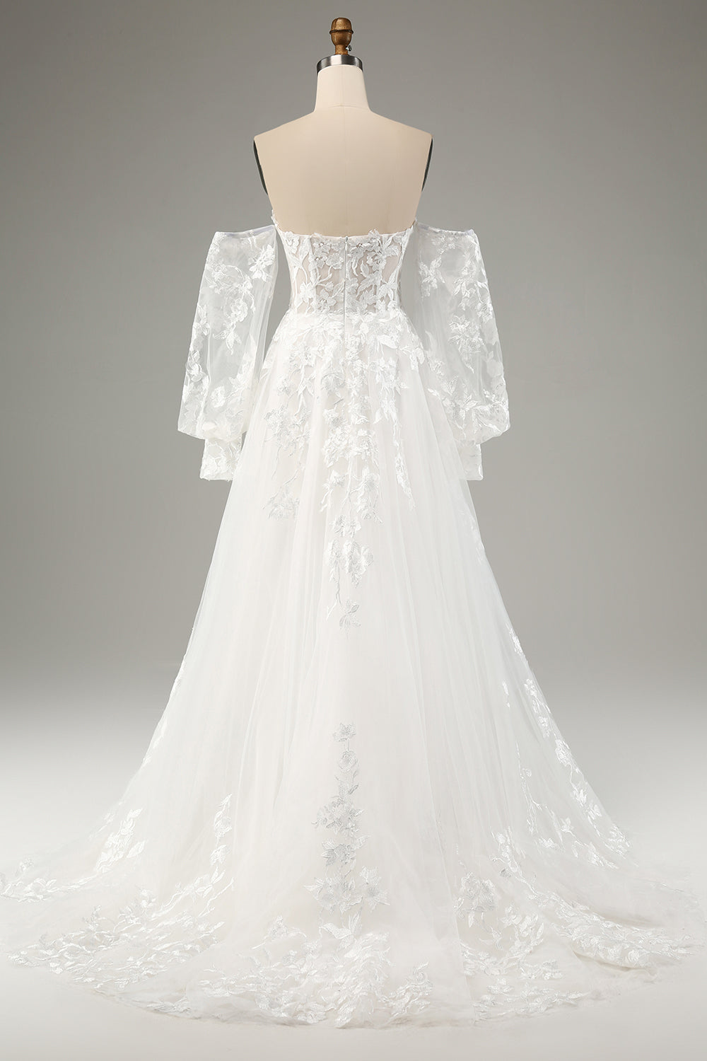 White A Line Tulle Long Sleeves Wedding Dress with Appliques Lace