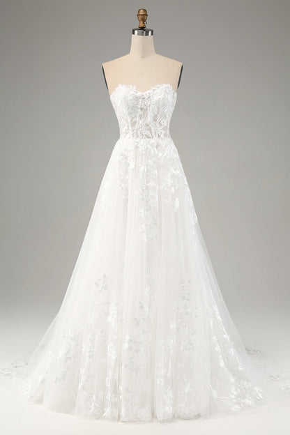 White A Line Tulle Long Sleeves Wedding Dress with Appliques Lace