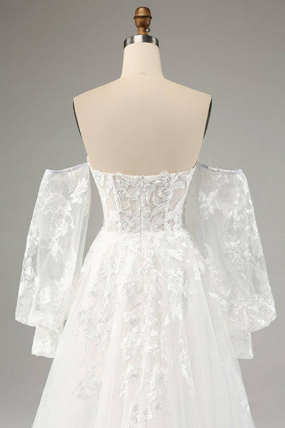 White A Line Tulle Long Sleeves Wedding Dress with Appliques Lace