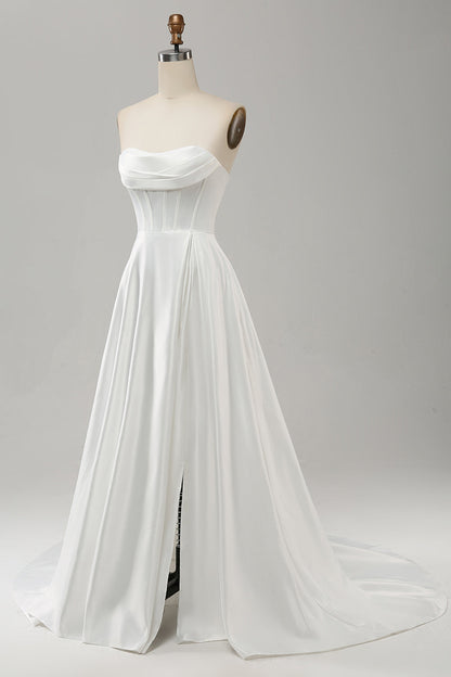 Elegant White A Line Strapless Pleated Sweep Train Wedding Dress With Slit