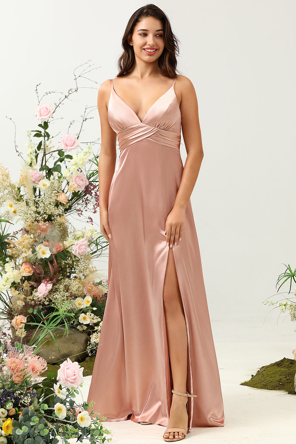 Blush Spaghetti Straps A Line Bridesmaid Dress With Slit