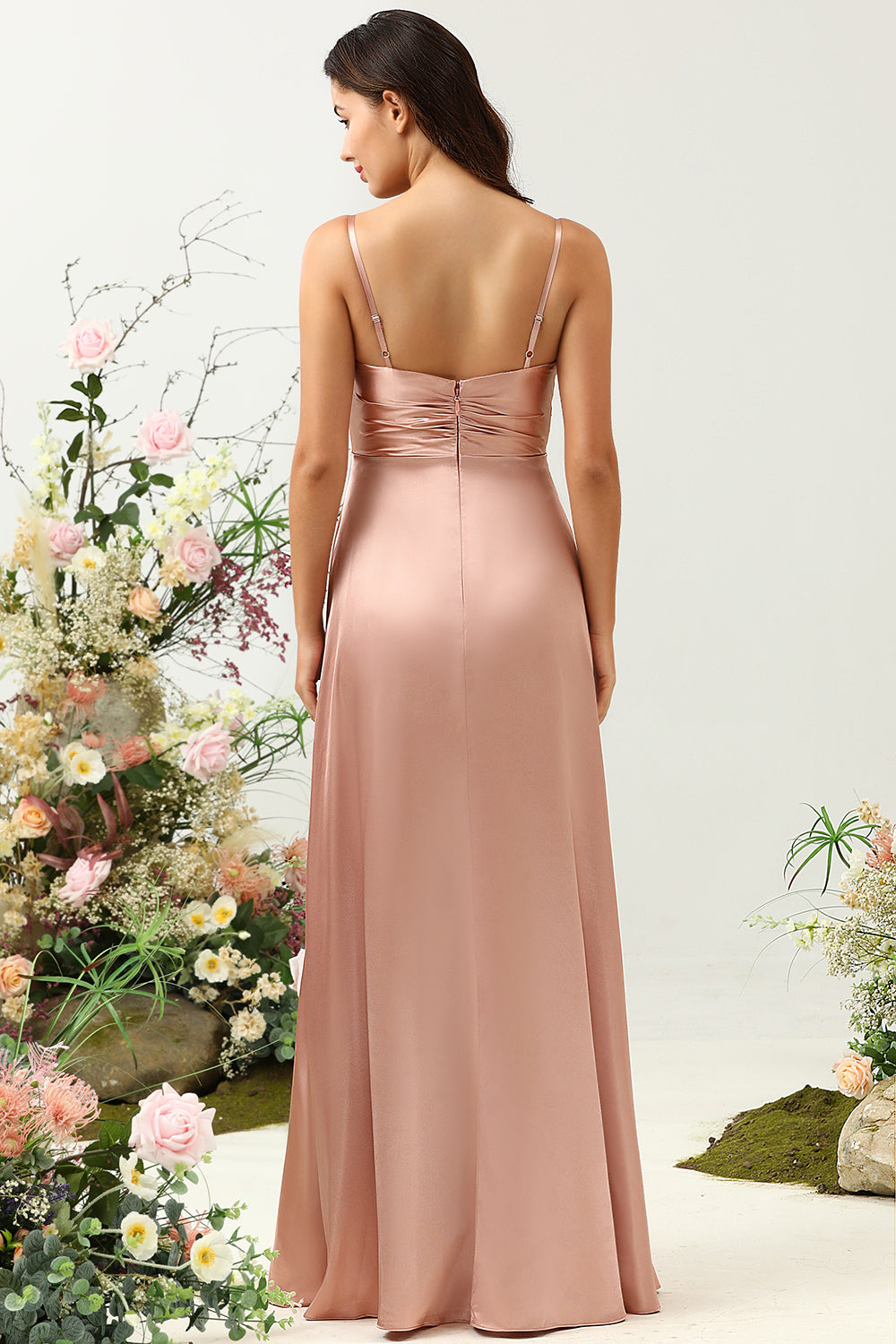 Blush Spaghetti Straps A Line Bridesmaid Dress With Slit