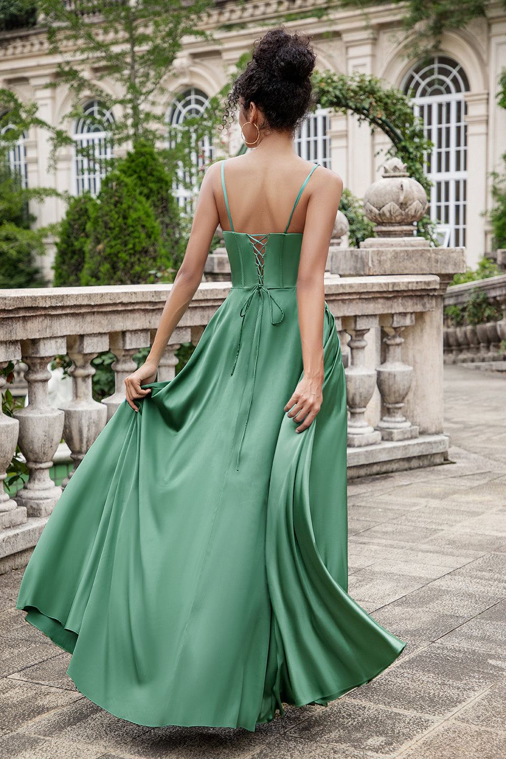 Eucalyptus A Line Spaghetti Straps Corset Pleated Satin Long Bridesmaid Dress