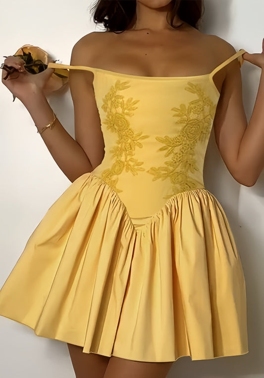 Yellow Applique Satin Homecoming Dresses A-Line Mini Party Gown, LTP3373